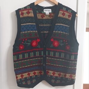 Vintage Multicolor Knit Vest with Floral Accents
